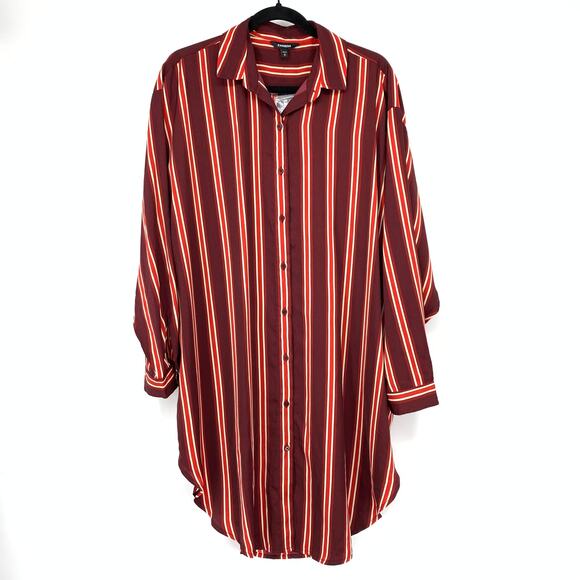 Express Shirt Dress Womens Sz Medium Long Sleeve Button Front Maroon Red Striped - Picture 1 of 7